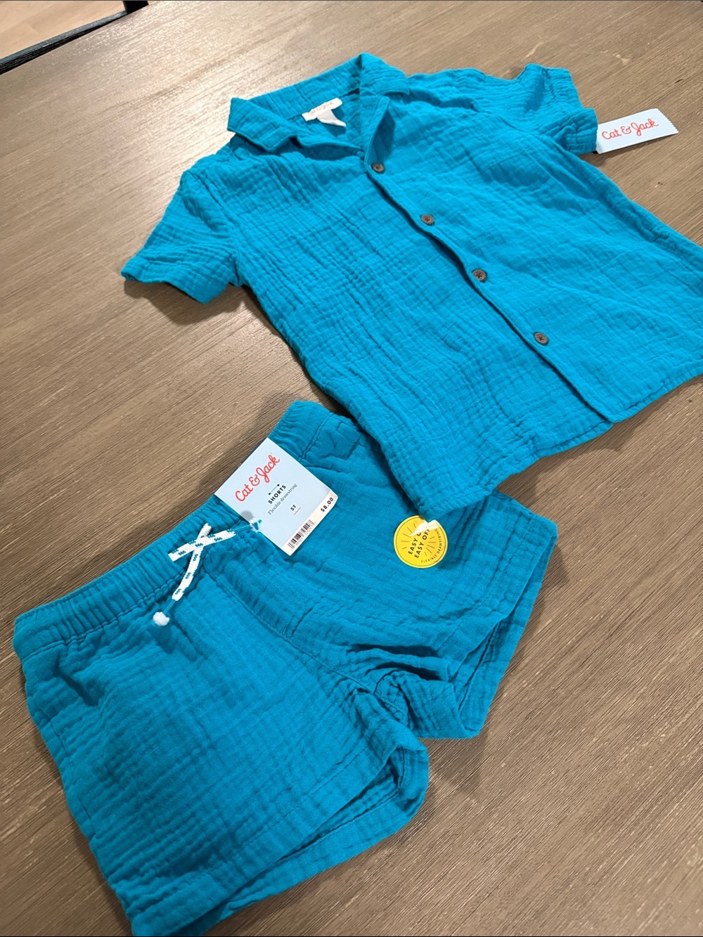 Cat & Jack Bright Turquoise Gauze Cotton Button-Front Shirt and Shorts Set